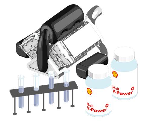 Engine from car, test tubes and Shell V-Power branded bottles