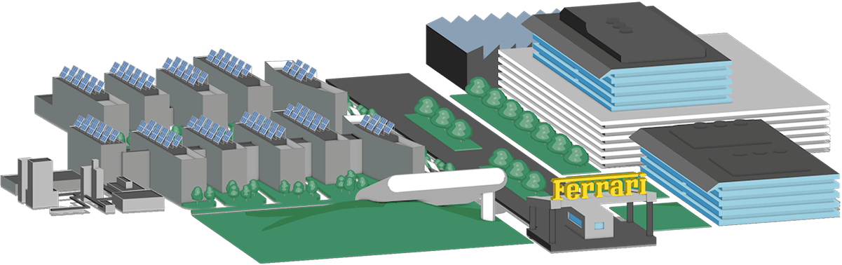 Ferrariâ€™s Maranello plant headquaters supplied energy from Shell, vector illustration styled image